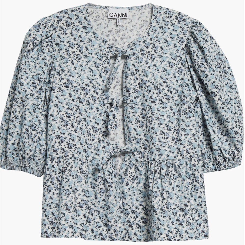 Ganni Black Puff Sleeve Blouse with Tie Front